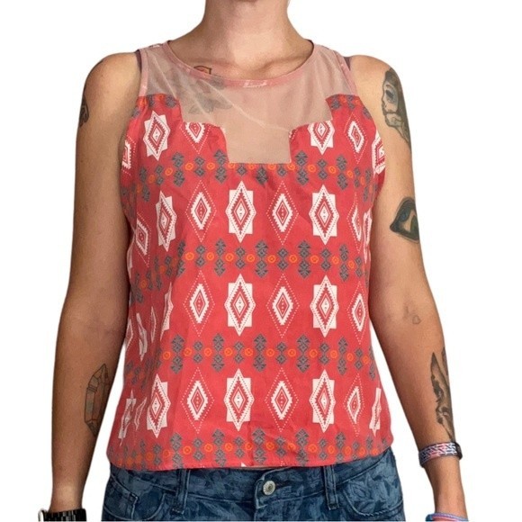 LUSH Medium Open Back Tank Top Aztec Pattern, Mesh Cutout, Tribal Sleeveless Top - Picture 11 of 11